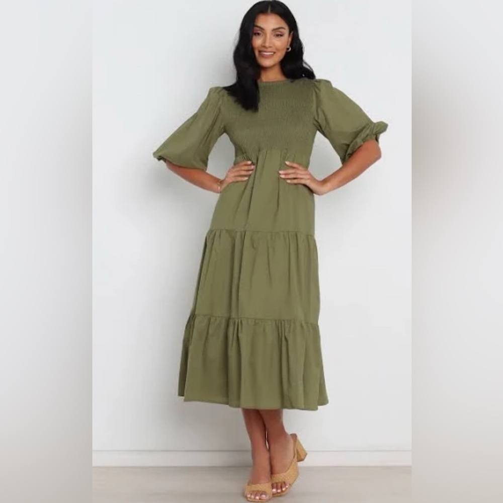 Petal & Pup Monico Midi Shirred Smock Tiered Puff Sleeve Olive Green Midi Dress